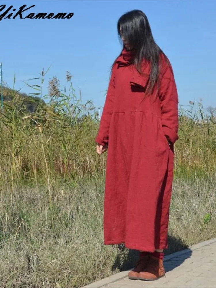 Женское платье-макси YoYiKamomo из хлопка и льна Осень-зима 2017 оригинальное