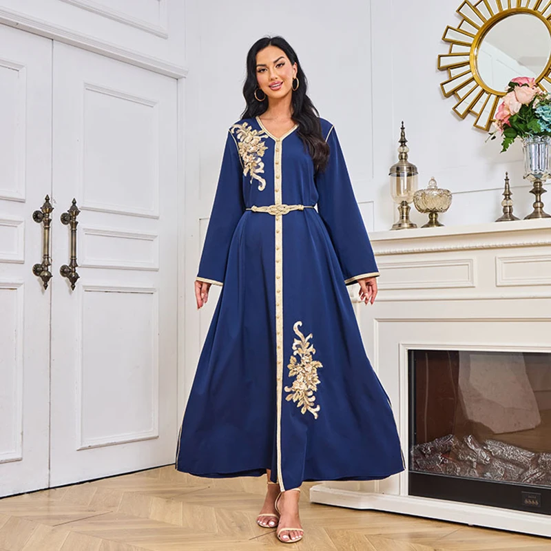 

Party Gown Women Dress Dubai Turkey Arab Islamic Jalabiya Caftan Ramadan Eid Muslim Abaya Belted Morocco Kaftan Robe Vestid A108