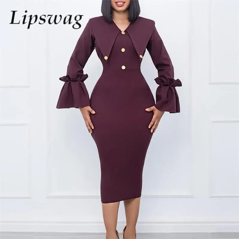 

Working Lady Elegant Career Dress 2024 Spring Autumn Ruffle Long-sleeve Tight Wrap Hip Mid Dress Fashion Women Solid Party Dress