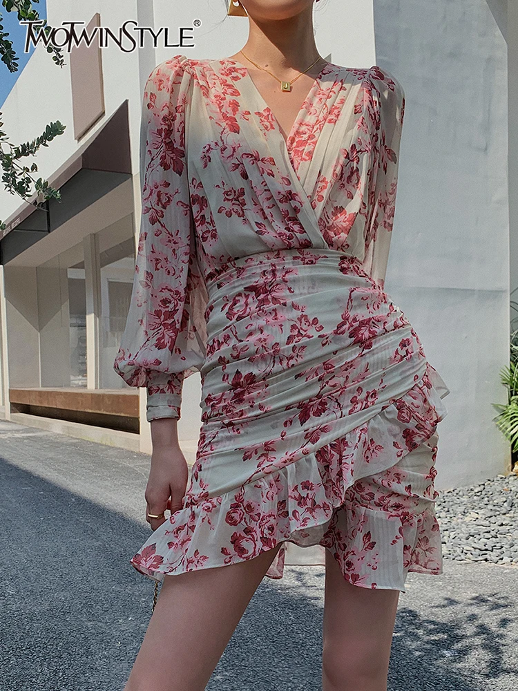 

TWOTWINSTYLE Vintage Print Mermaid Dress For Woman Gathered Waist Long Sleeve Irregular Mini Dresses Female Korean Style Clothes