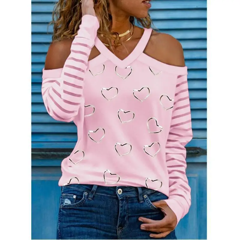 

Wish New Style, Europe and the United States love print off-shoulder long-sleeved V-collar loose T-shirt blouse woman black