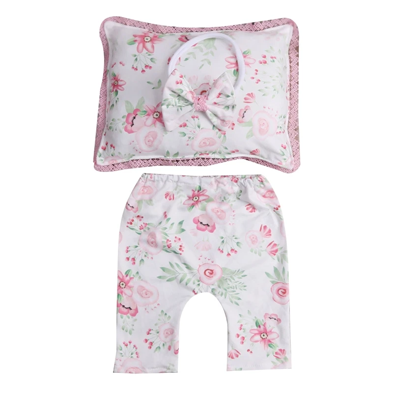 

Newborn Photography Props Outfits 1Set Baby Girls Printed Bowknot Headband Pants Pillow Kit Infants Photo Shooting