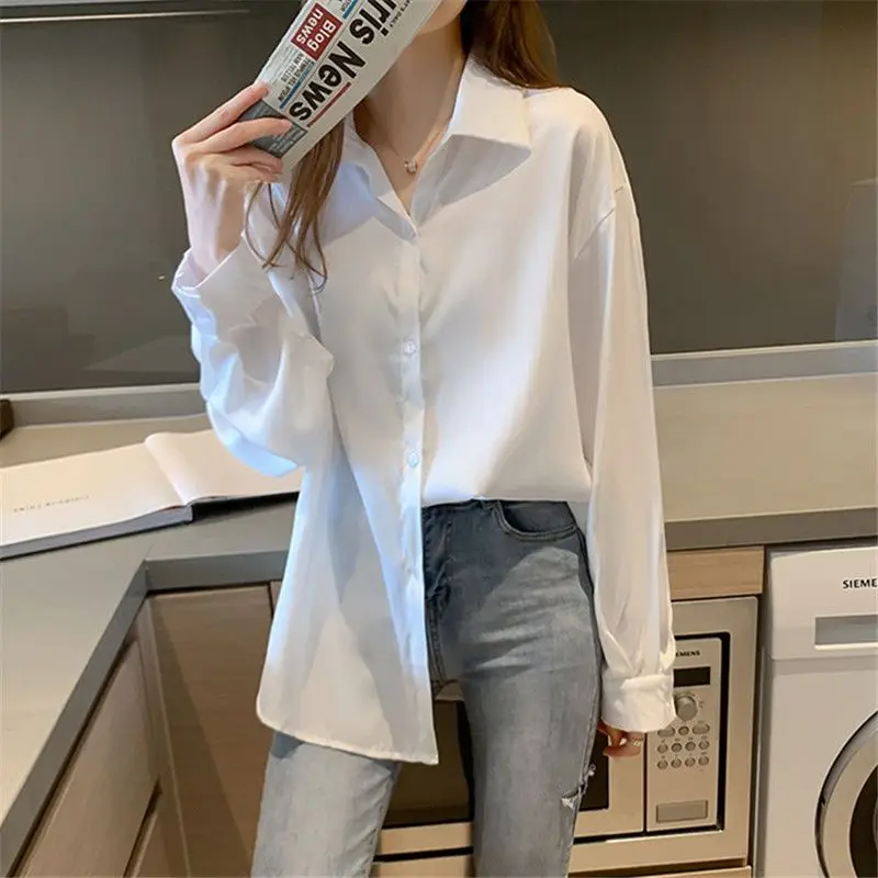 Spring New White Chiffon Shirt Tops Ladies Loose Long Sleeve Versatile Youth Blouses Simplicity Casual Fashion Women Clothing