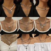 vintage multi layer coin flowers chain choker necklace for women gold silver color angel pendant portrait chunky chain necklaces