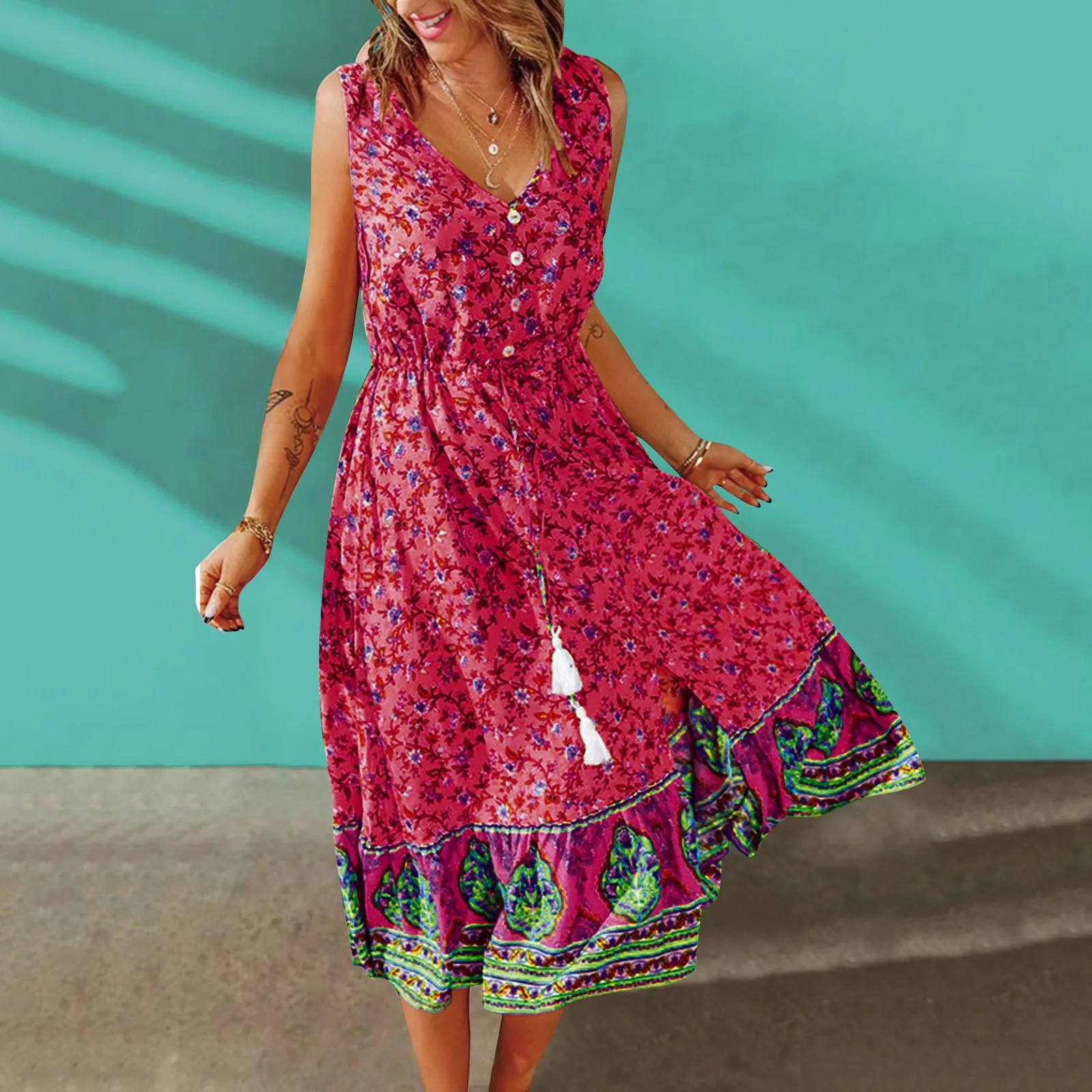 

Женское Повседневное платье с цветочным принтом, V-образным вырезом, без рукавов