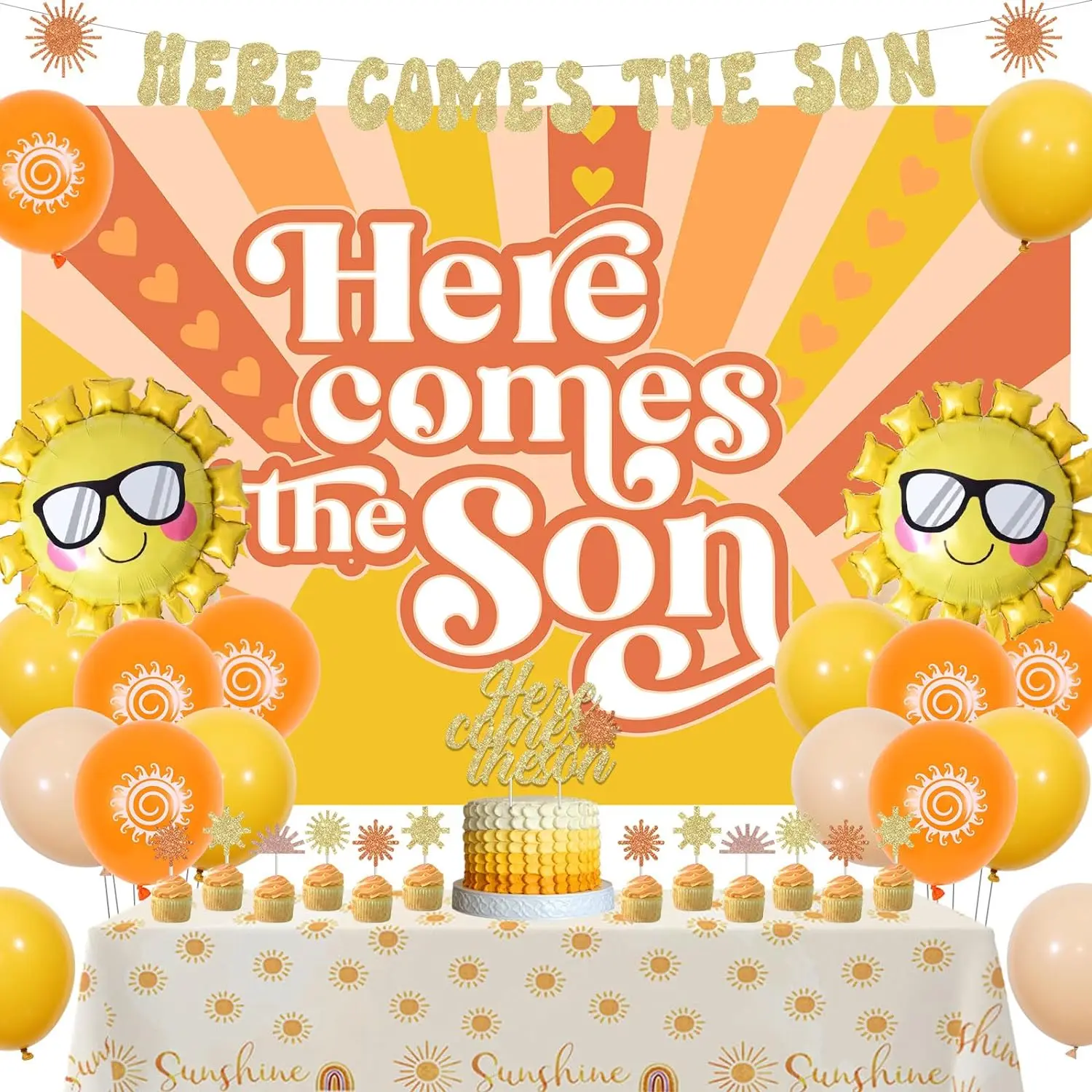 

Here Comes the Son Baby Shower Decoration Boy Retro Boho Sunshine Backdrop Banner Cake Topper Tablecloth Sun Balloon Party Decor