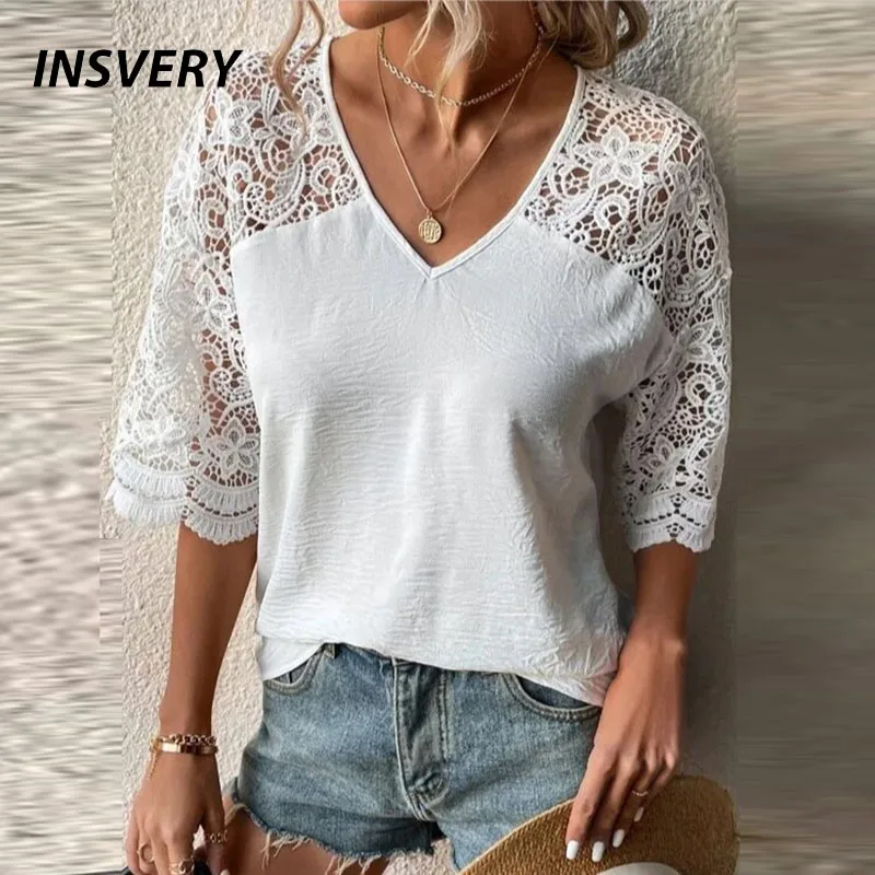 

Женские летние футболки с V-образным вырезом, свободные футболки с рукавом до локтя для женщин, модная кружевная свободная футболка 2023