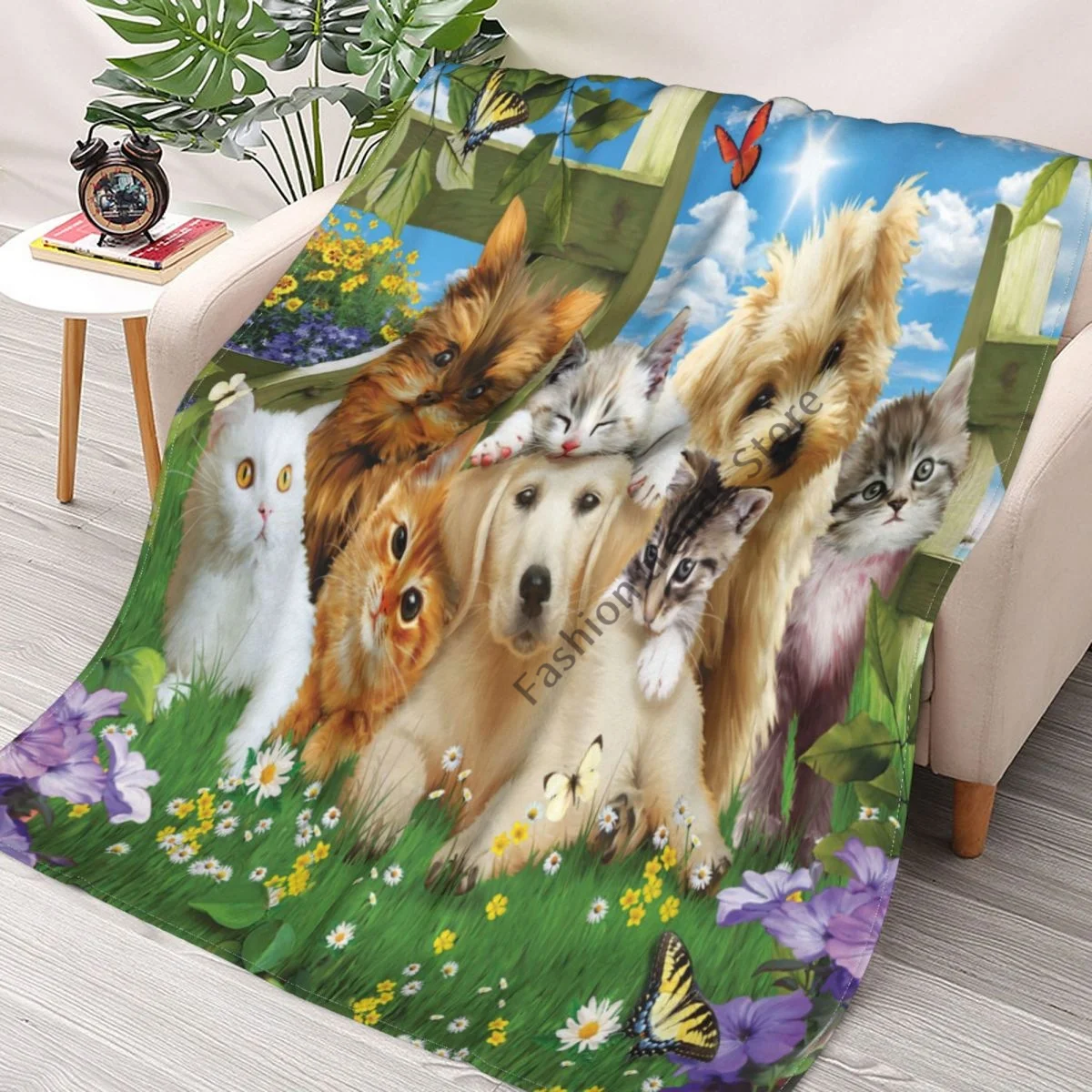 

Puppies and Kittens Blanket Family Pet Blankets for Beds Cartoon Printed Ultra-Soft Warm Bedspread Bedding Home Decor