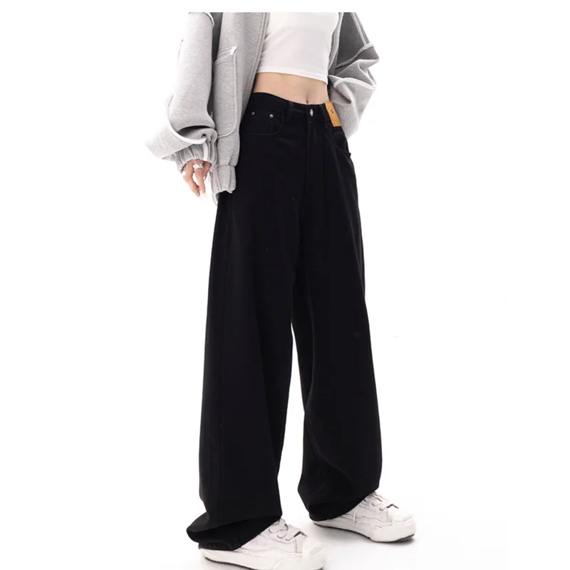 Women's 2022 New Pattern Vintage Recreational Black Mopping The Floor Broad Leg Jeans Loose Straight Cylinder Trousers Autumn