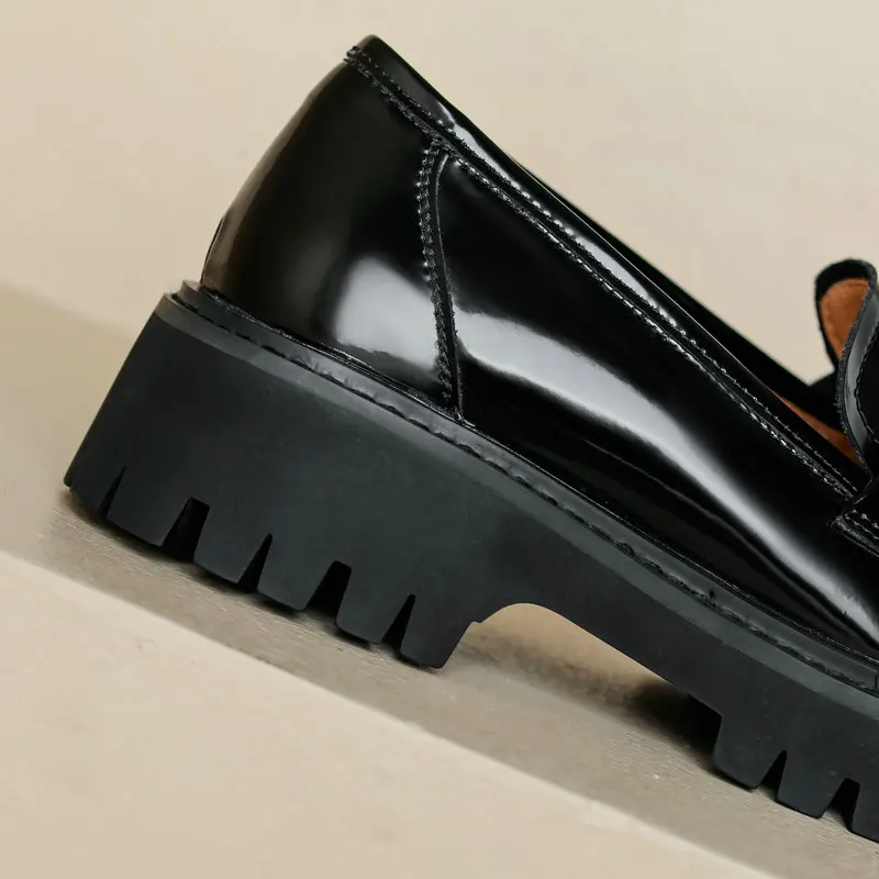 Loafer Shoes Women Platform Pumps Genuine Leather Thickened Flats Office Lady Comfy Soft Classic Black White 4cm Med Heels