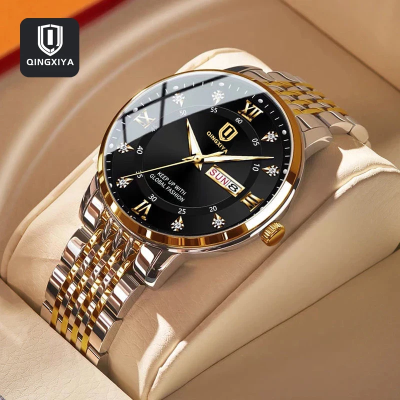 

QINGXIYA Men Quartz Watch Fashion High Quality Stainless Steel Watches Waterproof Luminous Week Date Top Brand Luxury Wristwatch