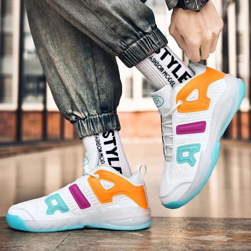 Summer high-top basketball shoes wear-resistant non-slip basketball sneakers high-elastic contrast color lace-up basket sneakers