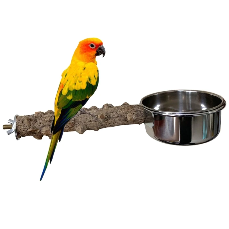 

Parrot Bird Cage Perch Natural Wooden Stand Stick with Stainless Steel Food Dish