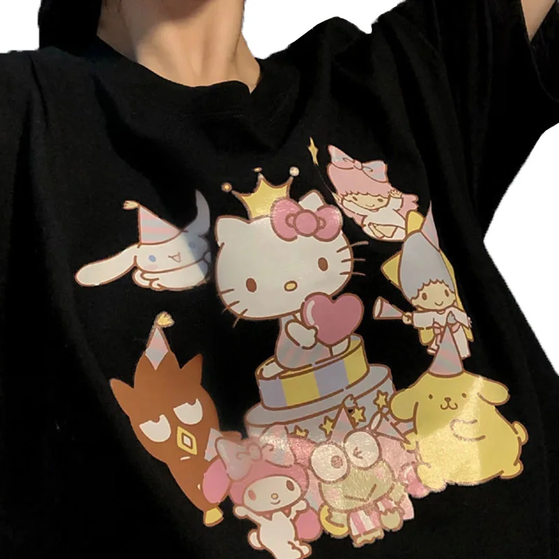 

Sanrios Kawaii My Melody Kuromi плюшевая мультяшная милая кукла с коротким рукавом аниме свободная футболка с коротким рукавом подарок девочке на день ро...