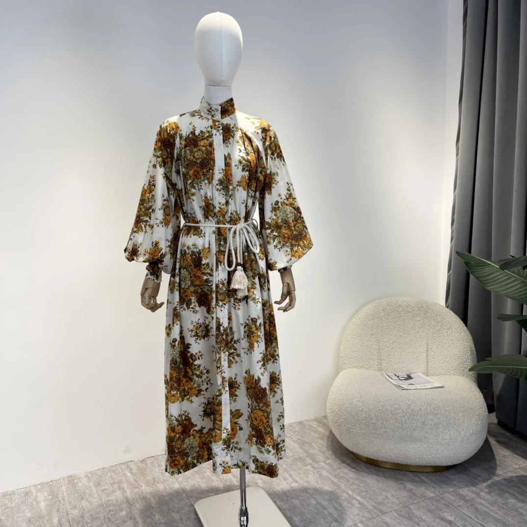 

2022 New Autumn High Quality Yellow Flowers Blossom Print Lace-up Lantern Sleeve Loose Midi Beach Style Long Lady Dress