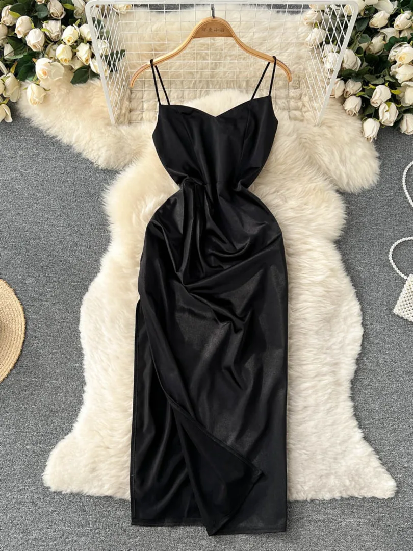 

Women Black Dress 2022 New Summer Fashion Spaghetti Strap Sleeveless Backless Sexy Evening Party Midi Satin Dress Vestidos