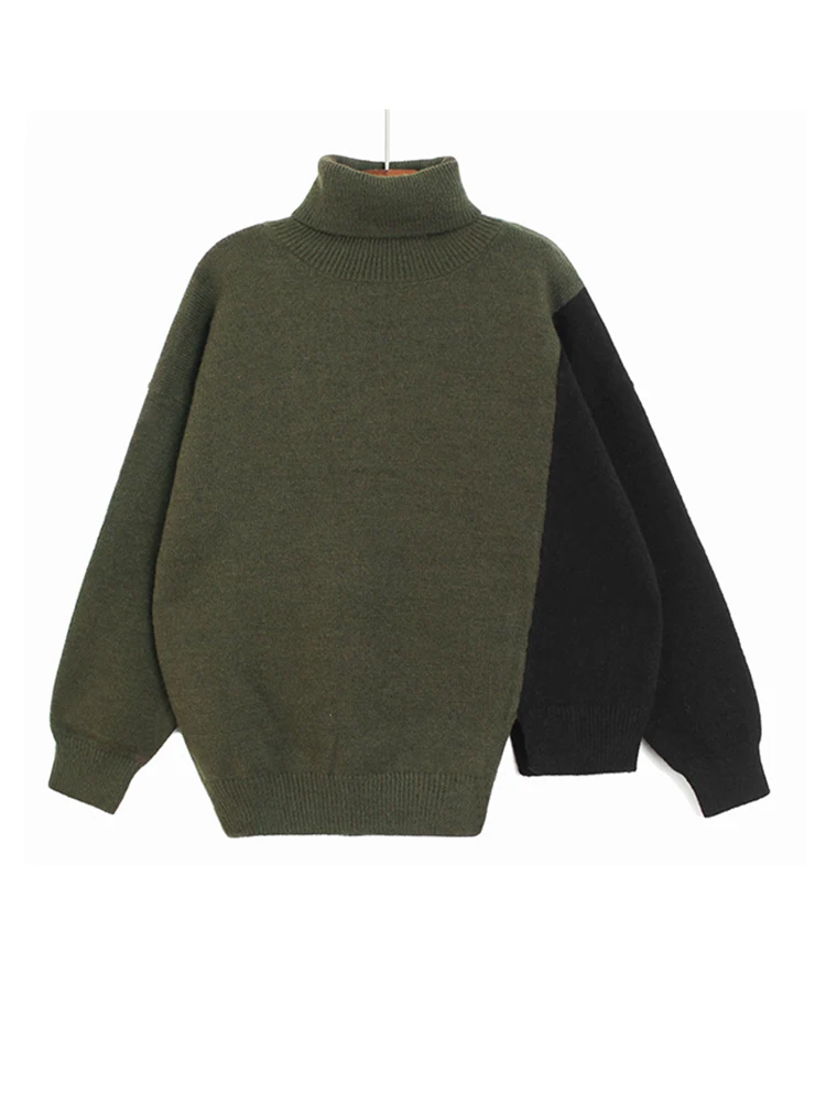 

XITAO Contrast Color Sweater Pullovers Turtleneck Irregular Personality Minority Loose Fashion New Arrival Top Sweater FBB1462