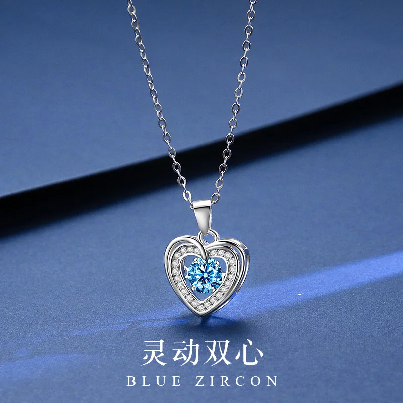

s925 silver diamond double heart silver necklace woman fashion diamond beating heart design sense high quality pendant necklace