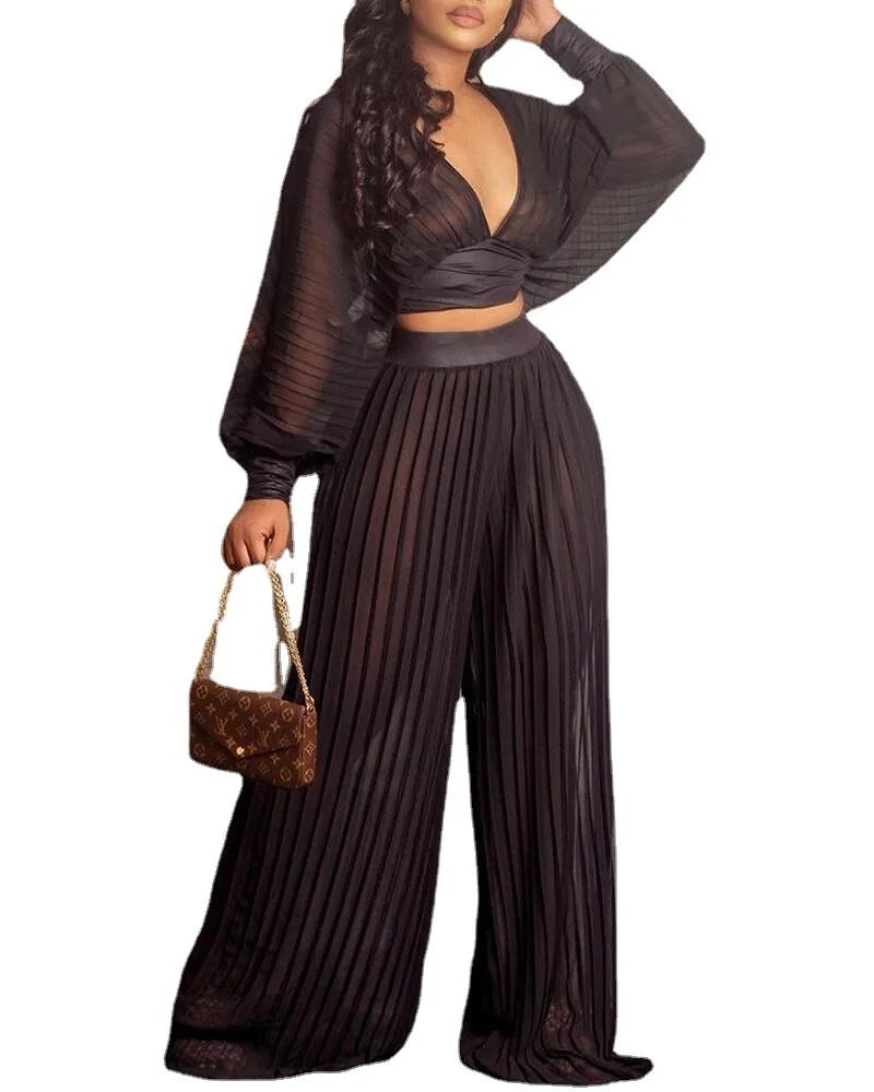 

African Clothes Women Summer Fashion African Women Long Sleeve V-neck Polyester Black Two Pieces Sets Top and Long Pant