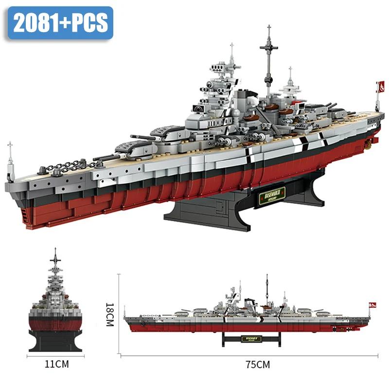 

Military WW2 Series Bismarck Battleship Large Boat Model Weapon Building Blocks MOC Warship Bricks Toys For Children Gifts