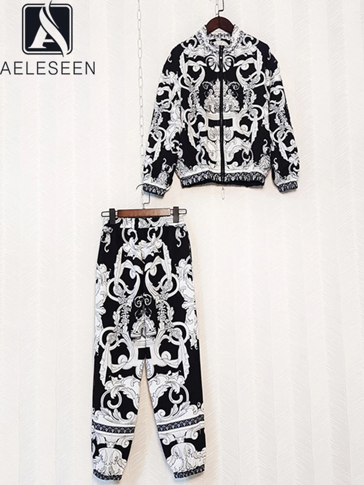 

AELESEEN 2022 Autumn Casual Suit Women Black Gray Printed Fashion Top + Elastic Waist Long Pants Holiday Party 2 Pieces Set