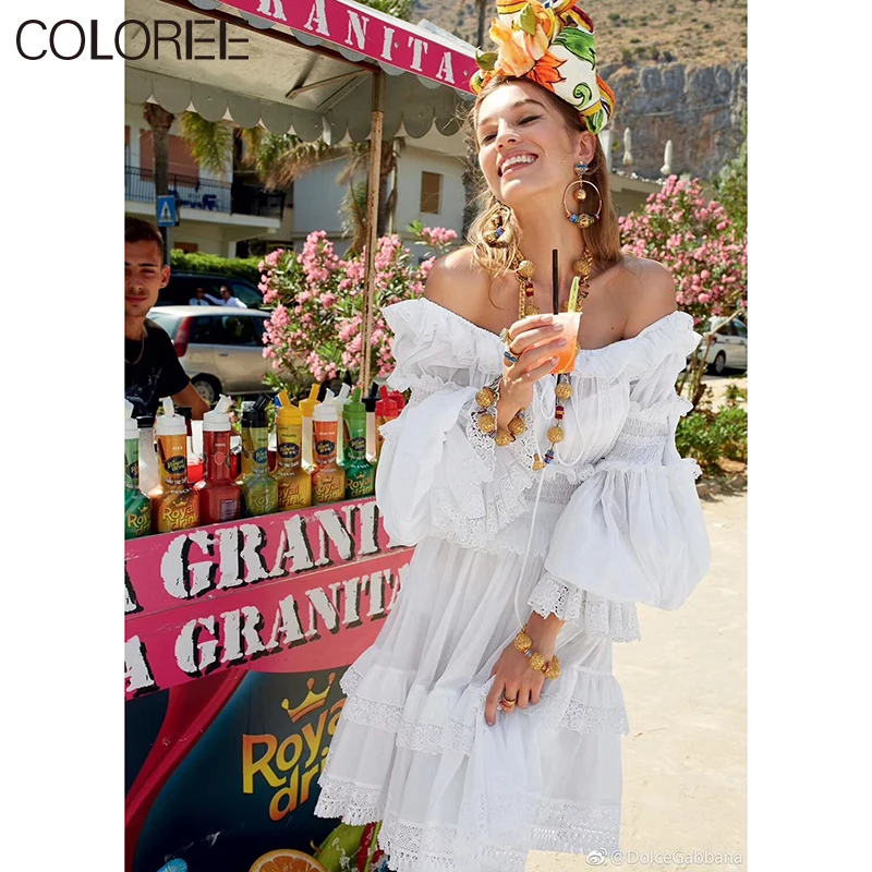 

White Elegant Ruffles Pleated Dresses for Women 2022 Summer Bohemian Lace Patchwork Midi Chiffon Dress Boho Clothing