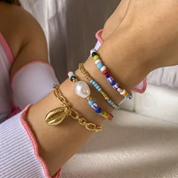 wind stitching imitation pearl woven bracelet european and american beach simple shell pendant mixed color jewelry