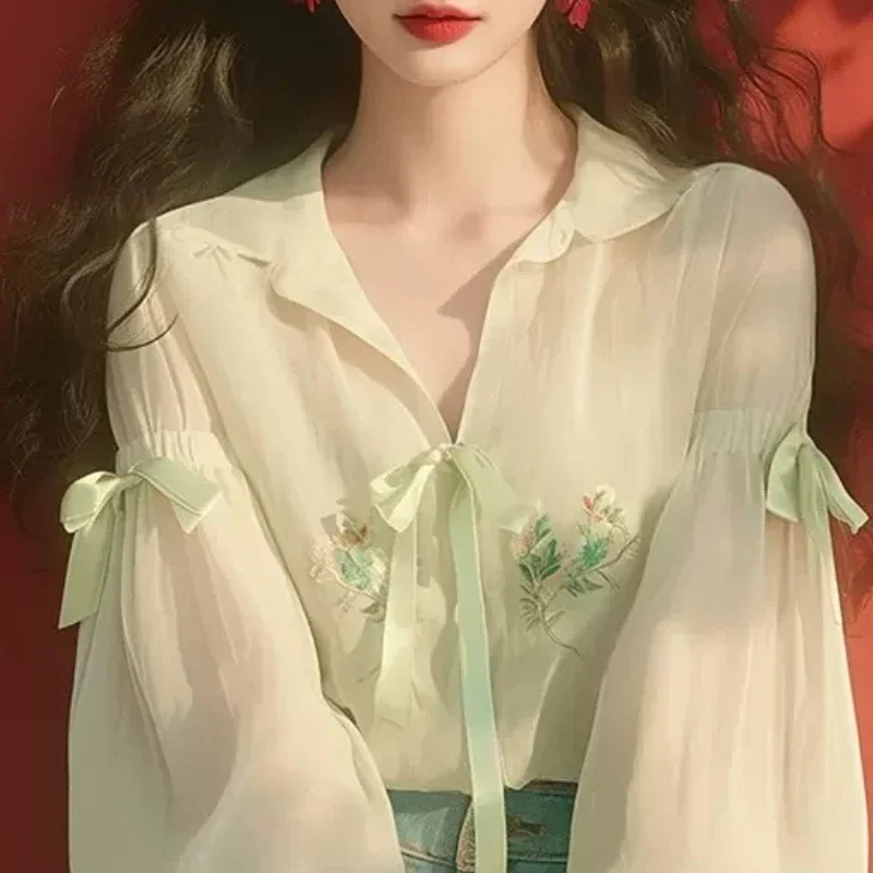 Шифоновая женская рубашка в китайском стиле летняя новая однотонная Корейская