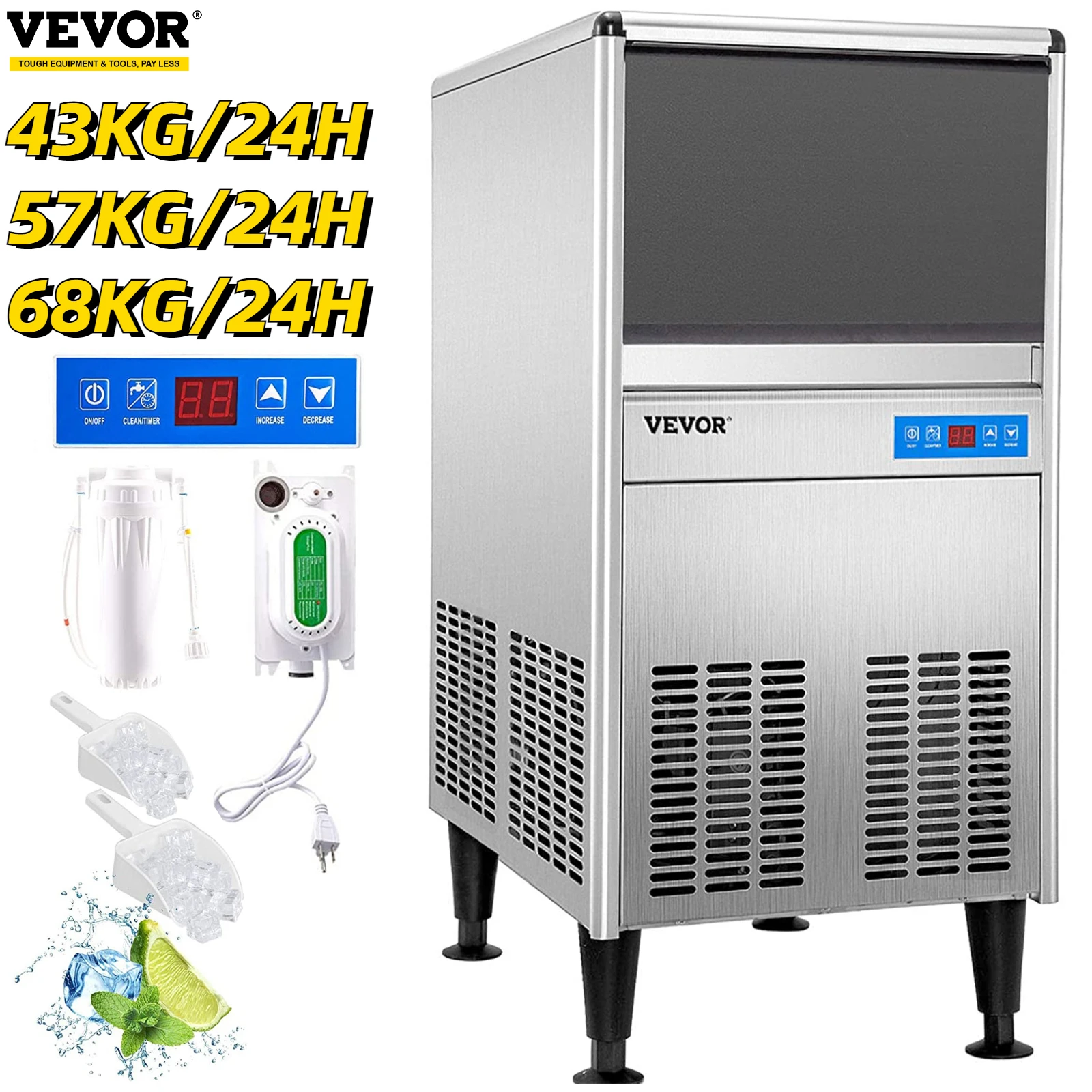 

VEVOR Commercial Cube Ice Maker 43KG 57KG 68KG/24H Undercounter Stainless Steel Auto Clear Liquid Freeze Machine Ice Generator