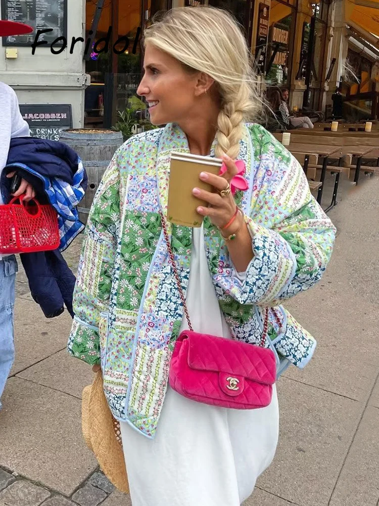 

Винтажные стеганые пальто с цветочным принтом, Женский Повседневный Кардиган с подкладкой, пальто, куртки, женский наряд в уличном стиле на осень и зиму, 2023