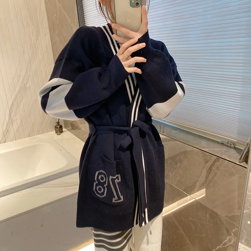 

Новинка Осень-зима 2023, вязаный утепленный свитер контрастных цветов в Корейском стиле, кардиган, однотонное женское Свободное пальто, тренд