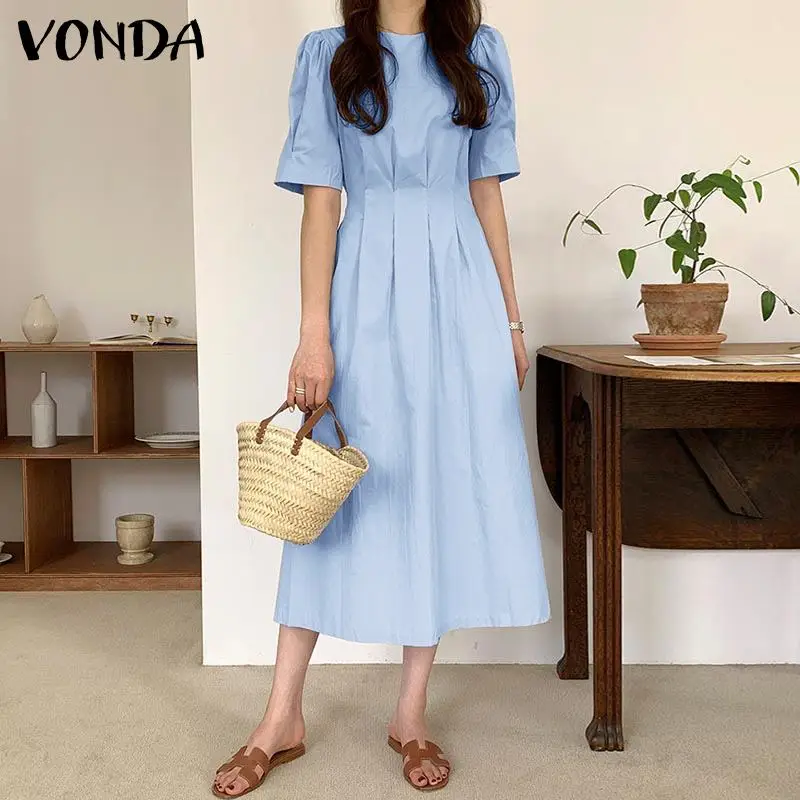 

VONDA Fashion Women Summer Dress Femme Short Sleeve Solid Casual Vestidos Long Maxi Sundress Female Elegant Office Robe Oversize