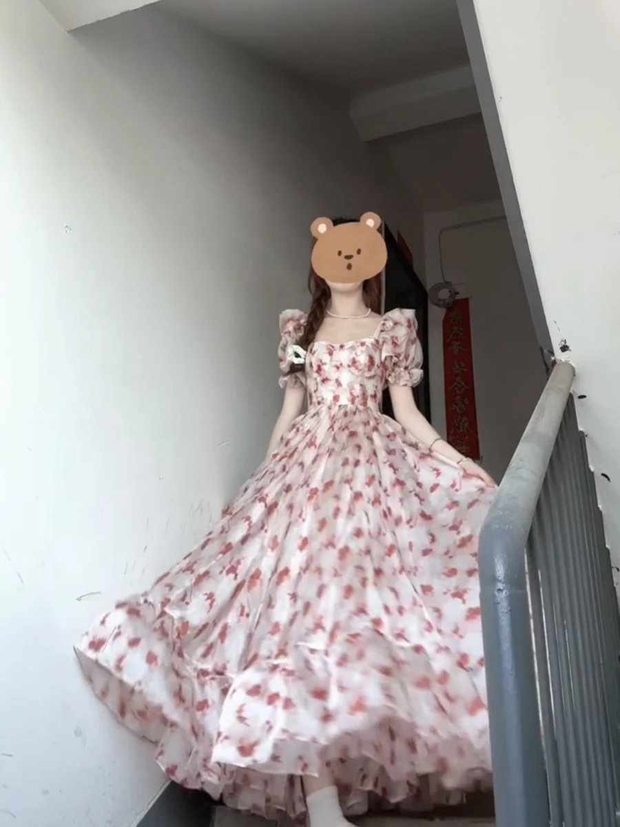 Женское Плиссированное длинное платье с цветочным принтом квадратным вырезом и