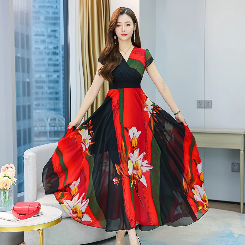 

2022 Floral Chiffon Boho Beach Dress Summer Print Vintage Elegant Women V-neck Party Vestidos Oversize Bodycon Casual Maxi Dress