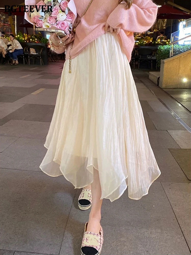 

BGTEEVER Casual Elastic High Waist Ladies A-line Skirts 2022 Spring Summer Loose Elegant Women Mesh Skirts