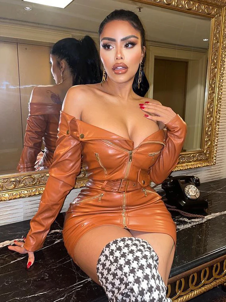 

Vintage Khaki PU Faux Leather Skinny Wrap Dress Women Fashion Party Birthday Outfits Spring Summer Off Shoulder Dress with Belt