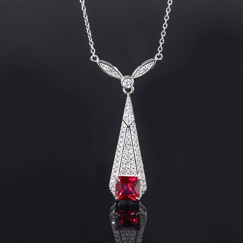 

New fashion trend S925 silver inlaid 5A zircon pigeon blood ruby emerald full diamond inlaid necklace pendant