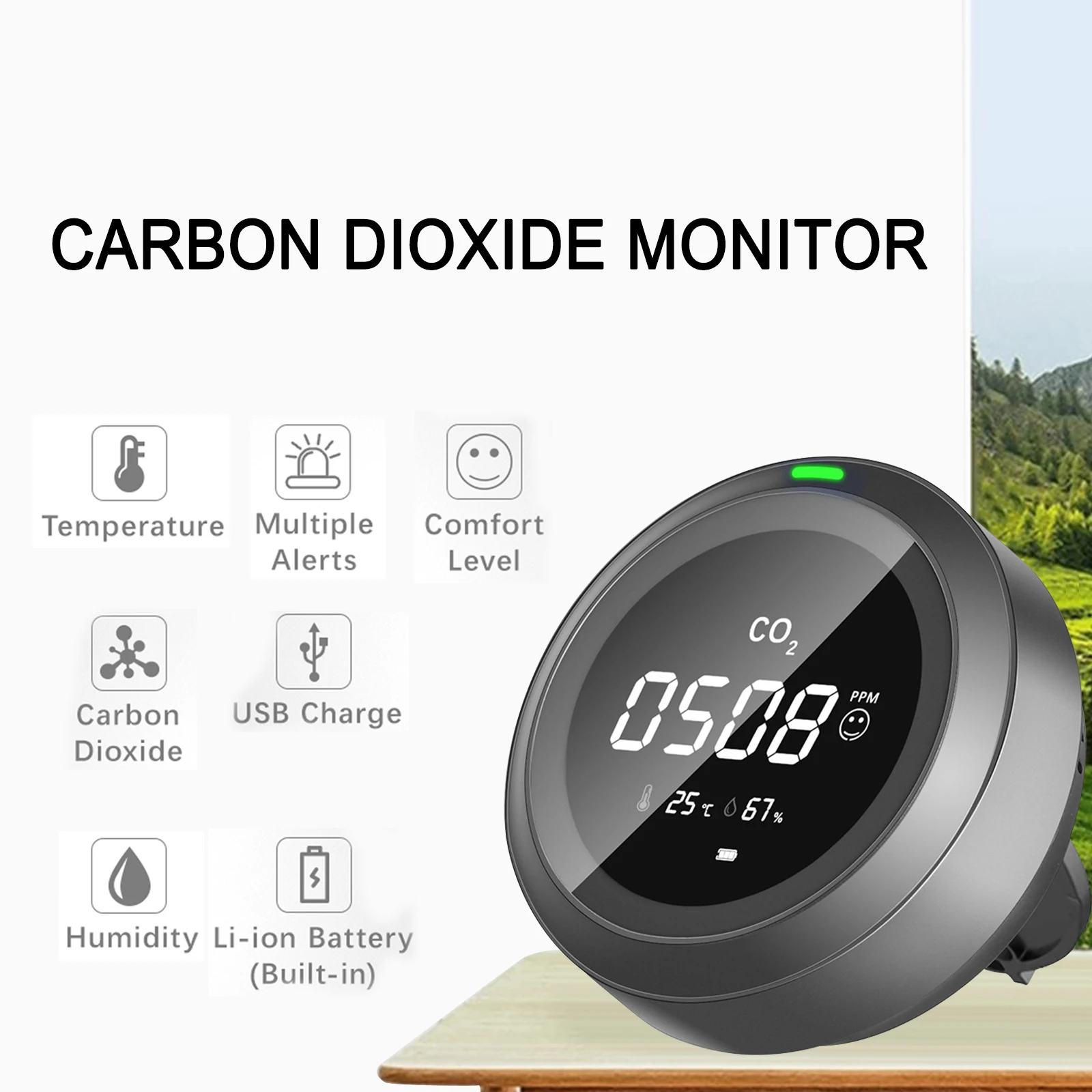 

3-в-1 детектор CO2, монитор качества воздуха с влажностью и перезаряжаемой литиевой батареей 2400 мАч, тестер углекислого газа