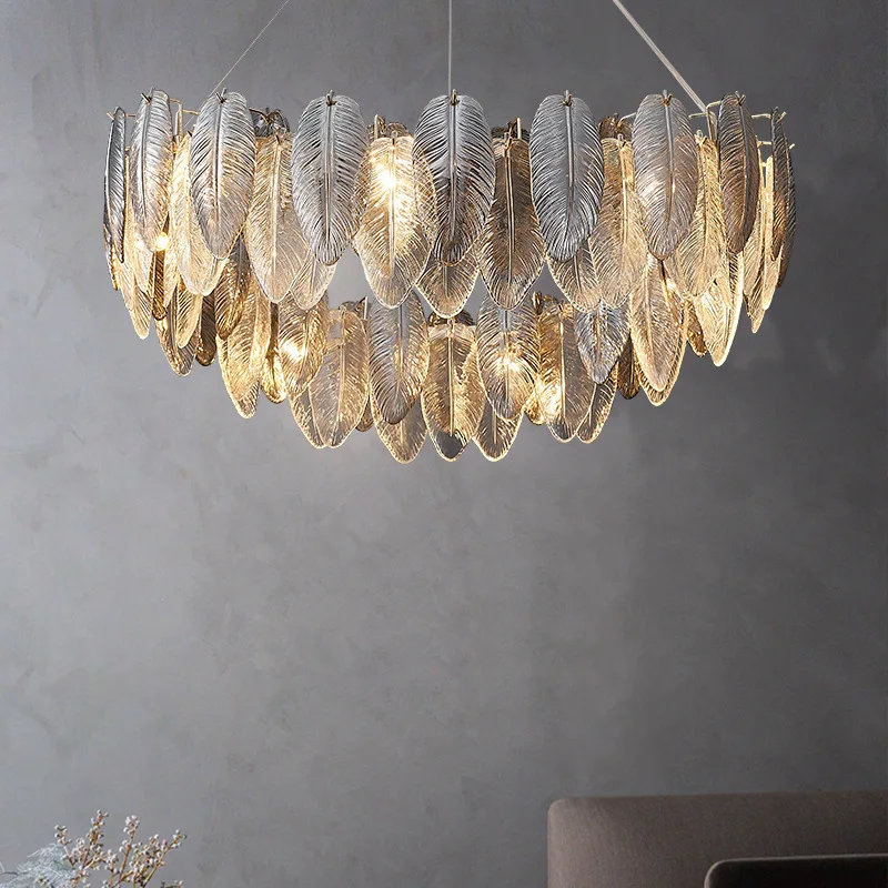 

Modern LED Feather Glass Ceiling Chandeliers Luxury Villa Pendent Lamp Living Dining Room Home Decor Hanging Light Fixtures