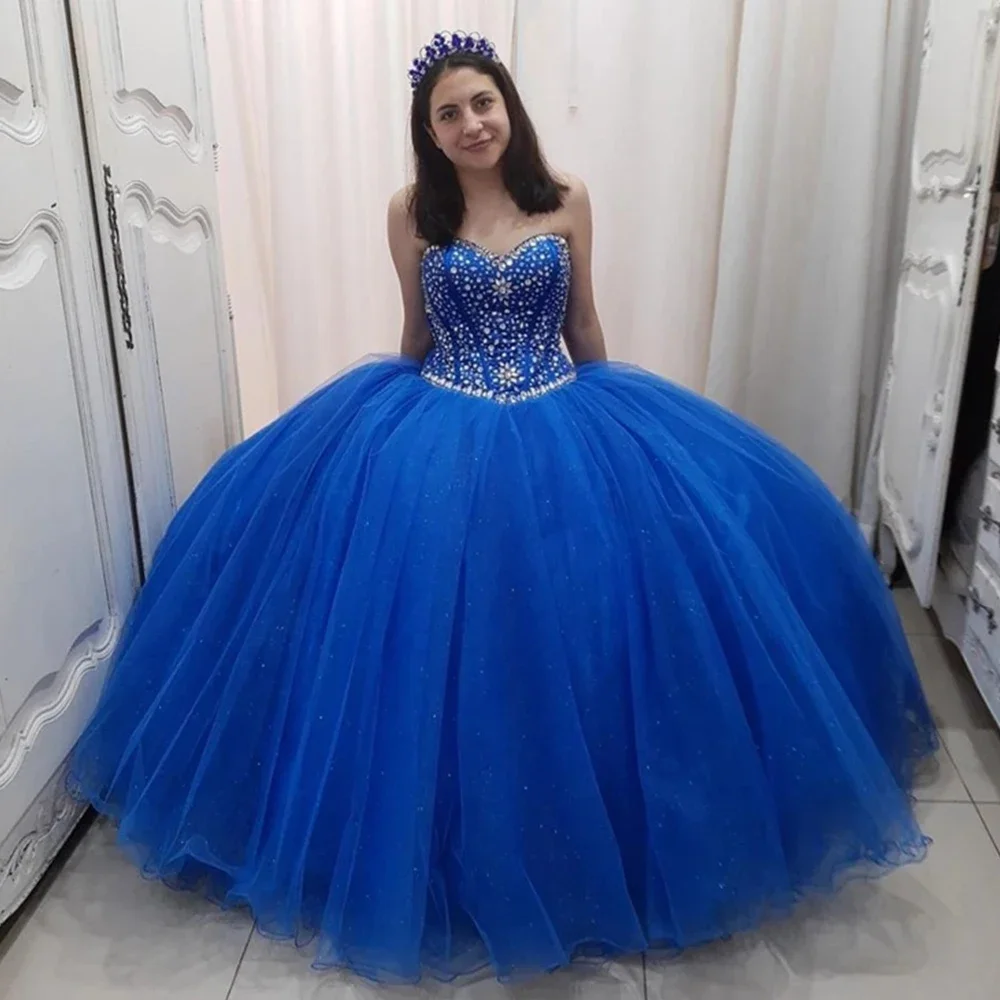 

Blue Sweet 16 Dresses Strapless Rhnestones Beaded Corset Back Quinceanera Dress For Women Plus Size Formal Gowns