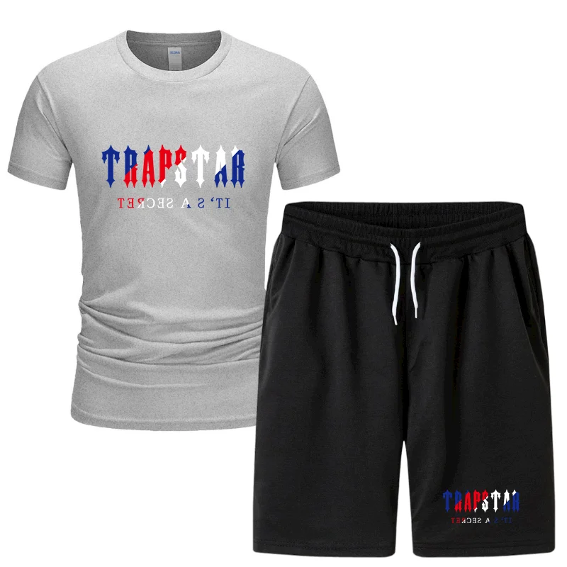 

New Summer Men's Fitness Short-sleeved T-shirt+Shorts 2-piece TRAPSTAR Printed Men's Casual Sportswear Large Size Sports Suit