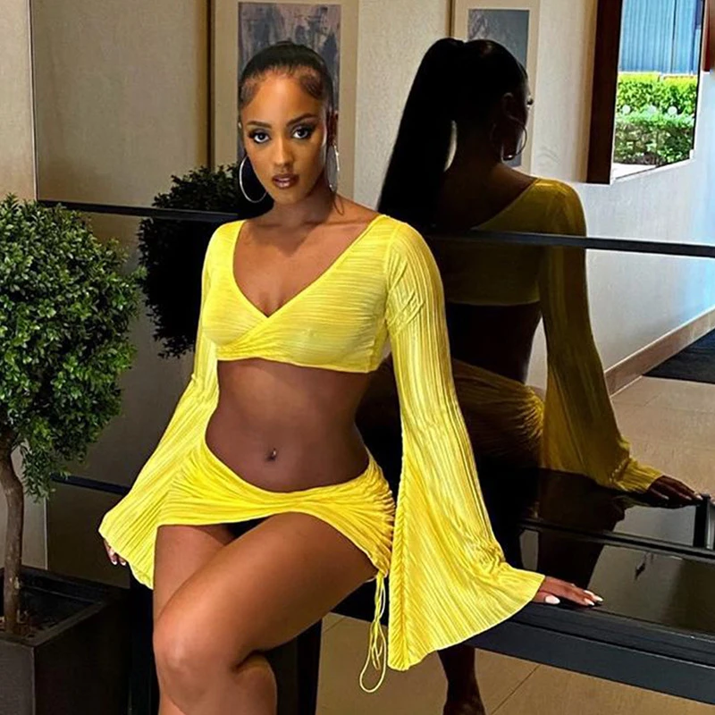 

Пляжная накидка для женщин, летнее платье, купальный костюм, бикини, новинка 2023, однотонные Топы без бретелек с длинным рукавом, юбка-шнурок