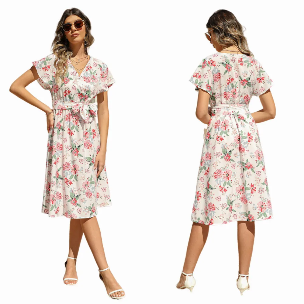 

Women's Summer V Neck Floral Printed Short Sleeve Bohemian Mid-Length Dress 2022 High Waist Elegant Chic Beach Ladie Dresses