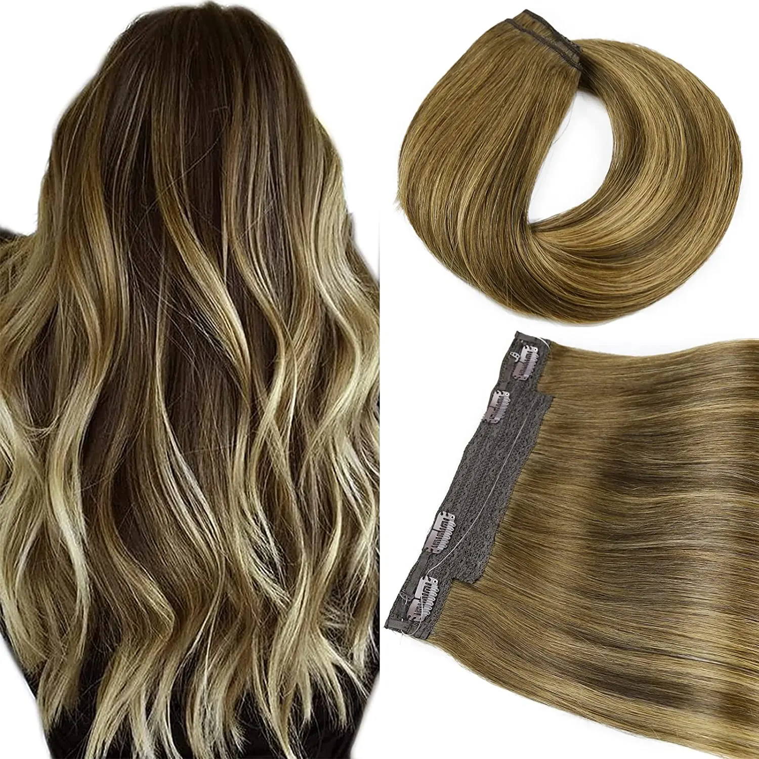 

ysg HAIR Human Hair Extensions Invisible Fishing Wire One Piece Remy Hair Clip-in Weft Hairpiece Ombre Brown to Blonde for Women
