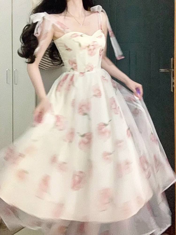 

Chiffon Dress for Women Sleeveless French Style Party Dress Fairycore Floral Midi Spaghetti Strap 2023 New Spring Summer Dress