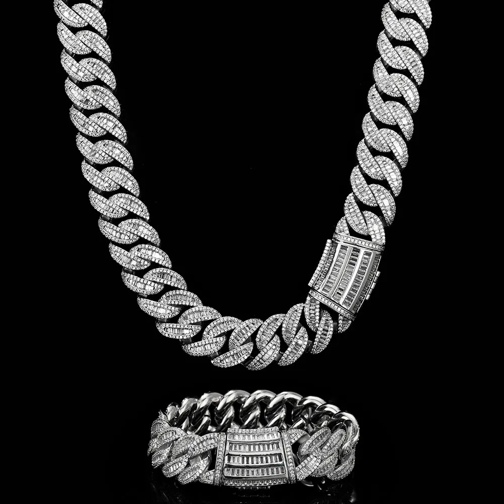 Hip Hop 20mm Baguette Cuban Link Chain Miami Men Rapper Jewelry Iced Out Necklace