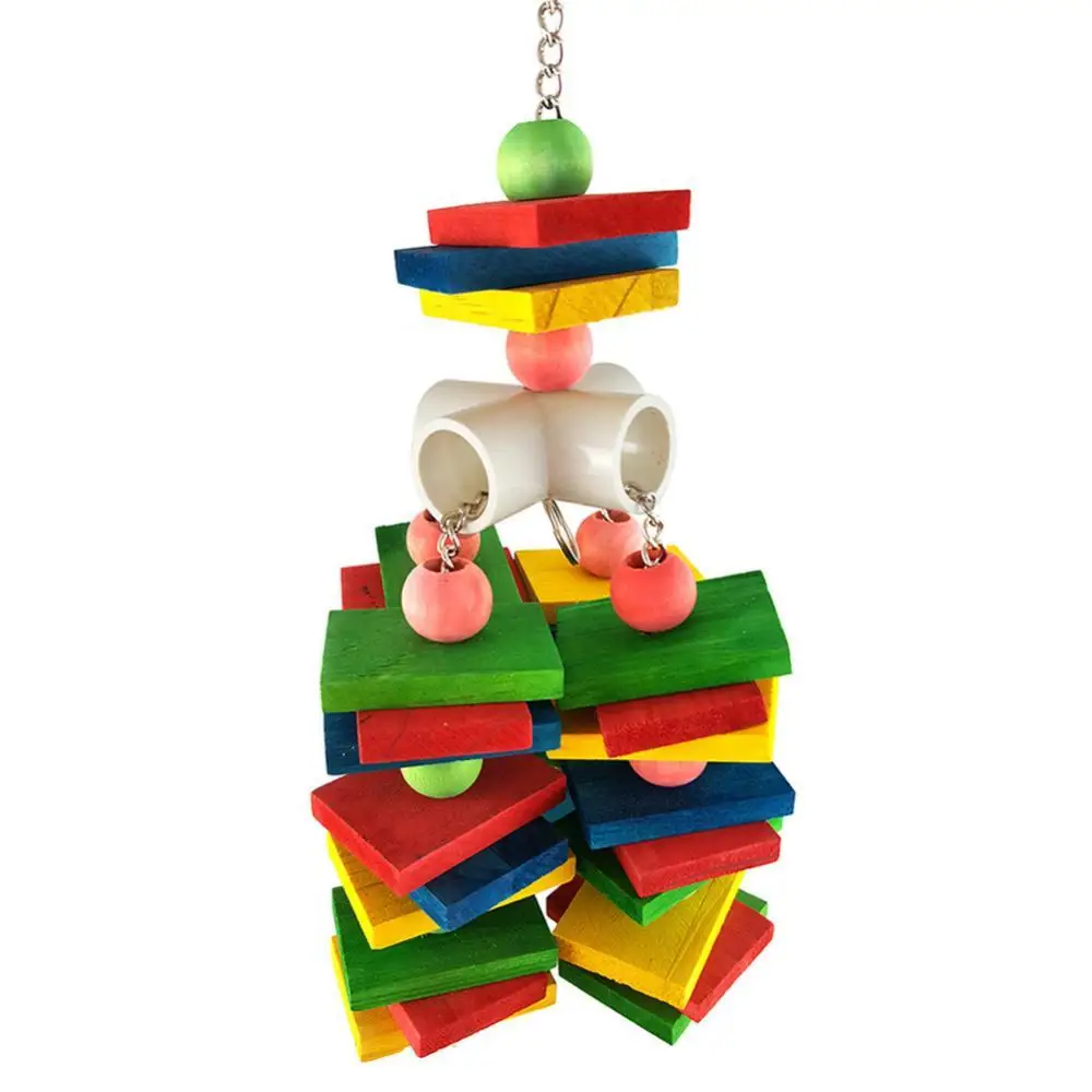 

Colorful Toy Cage Decor Wood Hanging Bite Resistant Bird Parrot Building Blocks Bite String Chew Crowded Square Piece Pendant