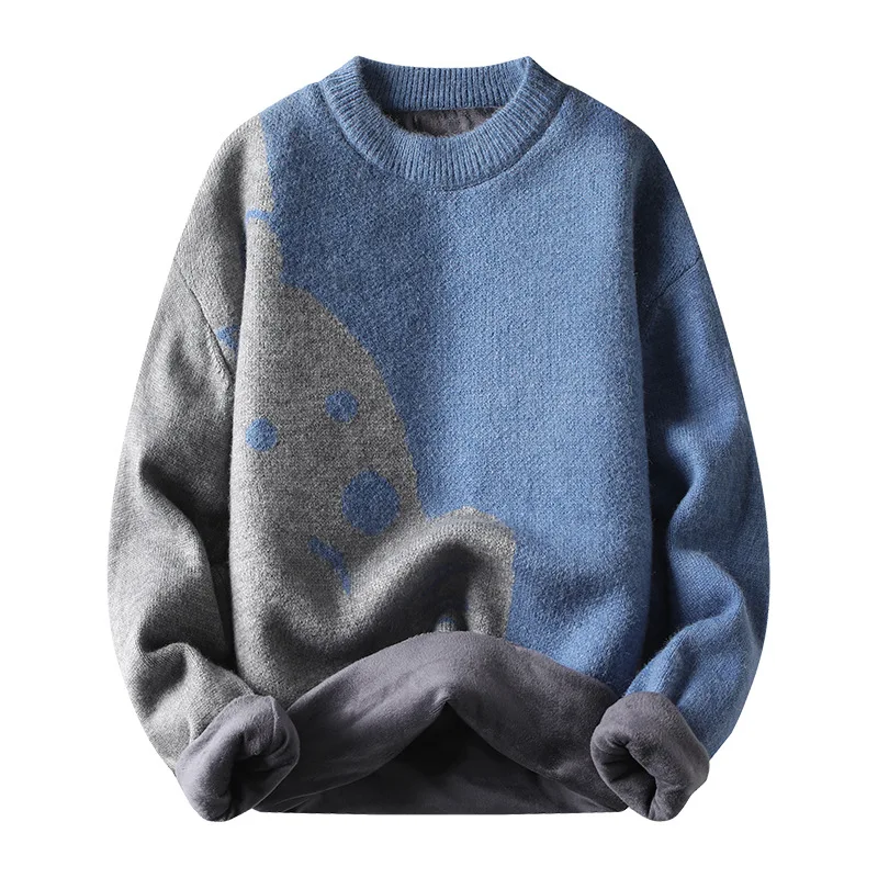 Men's sweater plus velvet padded winter new sweater tide brand round neck long sleeve youth clothing men's bottoming shirt