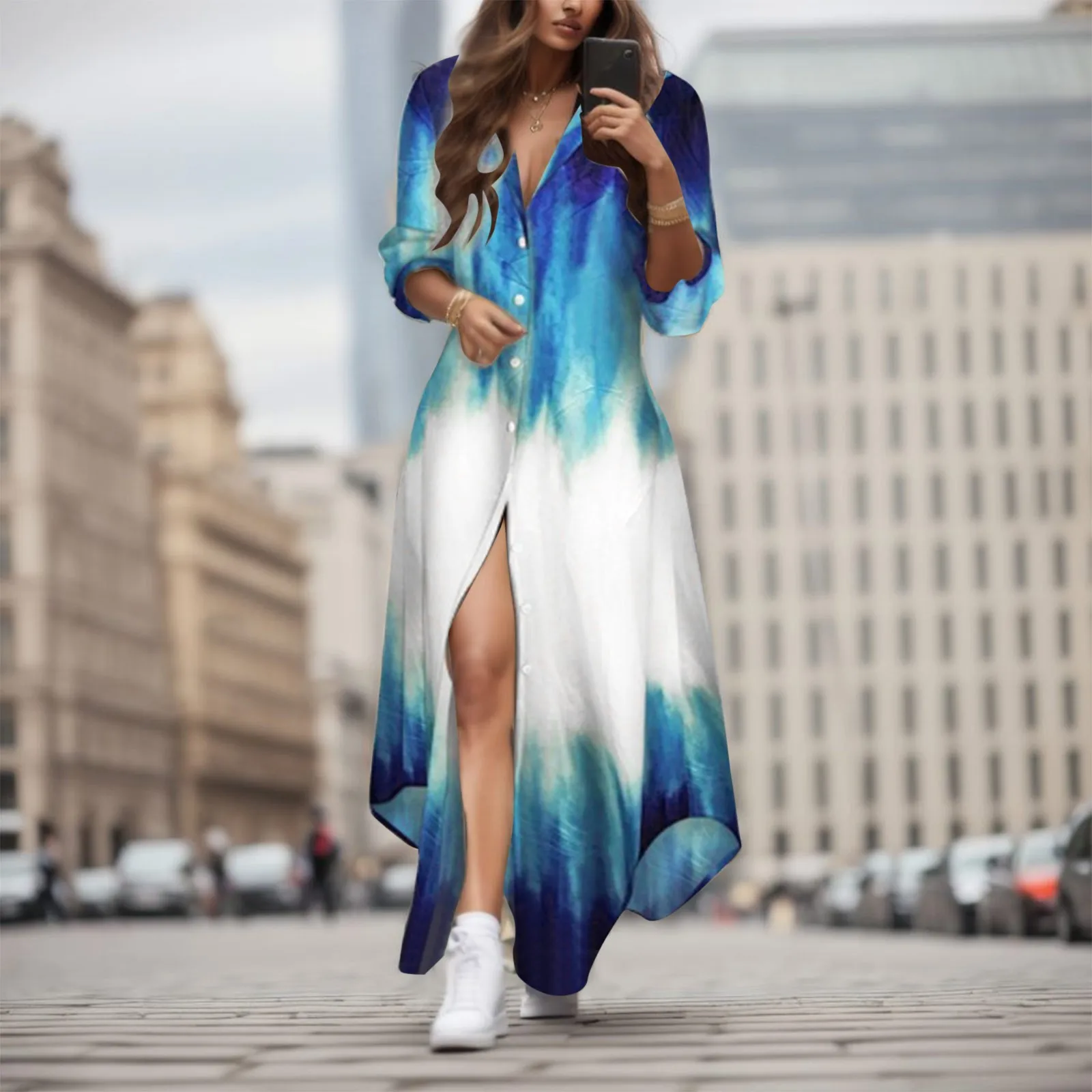 

Women Boho Printed Long Shirts Dress Summer Turn-down Collar Long Sleeve Party Dress Female Casual Evening Maxi Dresses Vestidos