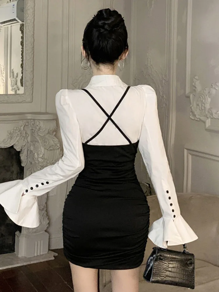 Темпераментное платье из двух частей с длинным рукавом облегающее запахом на